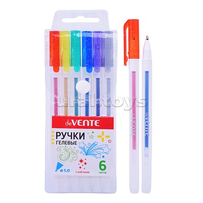 Набор ручек гелевых "Hit Glitter" 6 цветов с блестками, d=1 мм, прозрачно-матовый корпус.