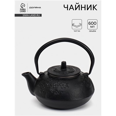 Чайник для плиты, 600 мл, с ситом, чугун, эмалированное покрытие внутри, чёрный