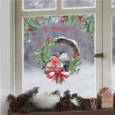 Наклейки на окна многоразовые «С Новым годом», снегири, 33×50 см