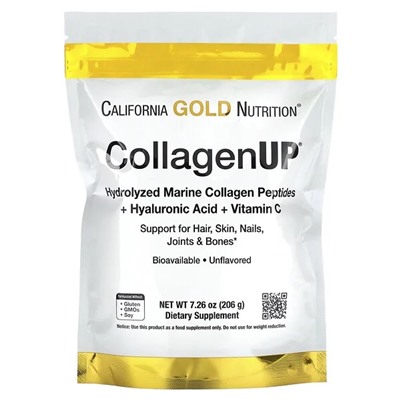 California Gold Nutrition, CollagenUP, морской гидролизованный коллаген, гиалуроновая кислота и витамин C, с нейтральным вкусом, 206 г (7,26 унции)