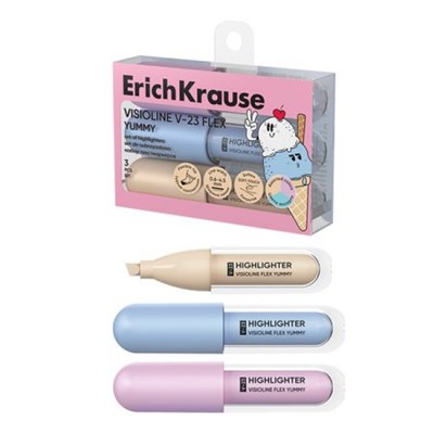 Набор текстовыделителей 3цв Visioline V-23 Flex Yummy с гибким наконечником, цвет чернил ассорти (в пэт-боксе) 63555 ErichKrause
