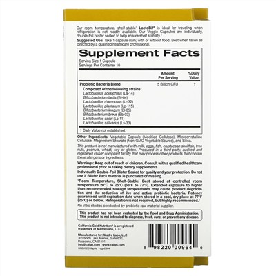 California Gold Nutrition, LactoBif, пробиотики, 5 млрд КОЕ, 10 вегетарианских капсул