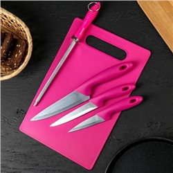 Набор кухонных принадлежностей, 5 предметов: ножи 9 см, 12 см, 15 см, мусат, доска, МИКС