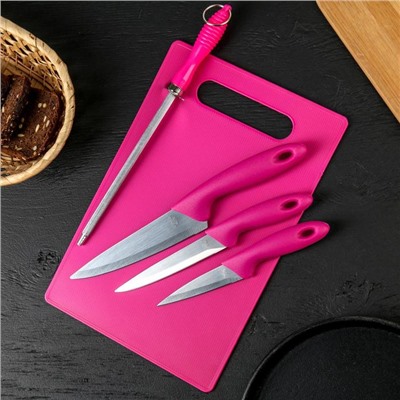 Набор кухонных принадлежностей, 5 предметов: ножи 9 см, 12 см, 15 см, мусат, доска, МИКС