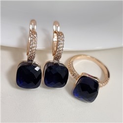 Комплект ювелирной бижутерии коллекция "Дубай" серьги и кольцо 17 р, покрытие позолота, вставка: фианиты, цвет: синий и прозрачный, арт.314.875-17