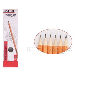 Карандаш чернографитный "Архитектор" 06 шт в наб (2Т, Т, ТМ-2, М, 2М) диаметр грифеля 2 мм, шестигранный, заточенный, в картонной коробке, корпус натуральный лакированный