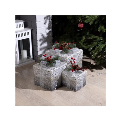 Светодиодная фигура «Серебристые подарки» 15, 20, 25 см, текстиль, металл, 220 В, свечение тёплое белое