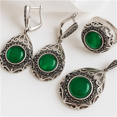 Крупный комплект ювелирной бижутерии серьги, кулон и кольцо 20 р, покрытие посеребрение, вставка: фианиты и искусственный камень кошачий глаз, цвет: графитовый и зеленый, арт.314.921-20