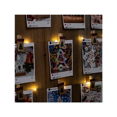 Гирлянда «Нить» 2 м роса с насадками «Прищепки-чулок», IP20, серебристая нить, 20 LED, батарейки ААх2 (не в комплекте), свечение тёплое белое