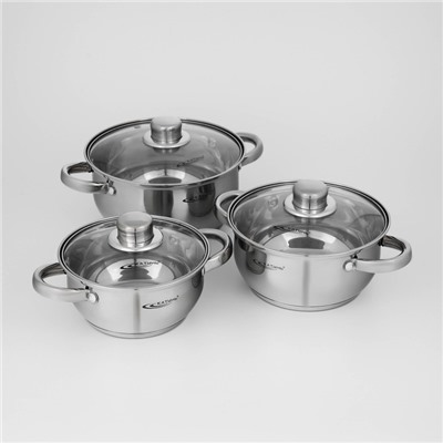 Набор кастрюль «Гретта», 3 предмета: 1.6 л, 2.2 л, 3.2 л, капсульное дно, индукция, нержавеющая сталь, AISI - 201