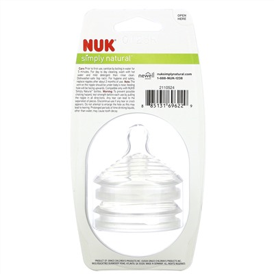 NUK, Simply Natural, Slow Flow Bottle Nipples,  0 + Months, 2 Nipples
