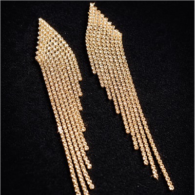 Серьги длинные женские вечерние со стразами, цвет: золотистый и прозрачный, арт.012.045