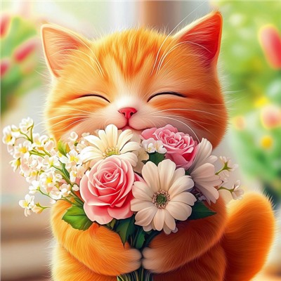 Алмазная мозаика по номерам 30х30 см (НА ПОДРАМНИКЕ) "КОТЕНОК С БУКЕТОМ" Частичная выкладка 71438 Феникс