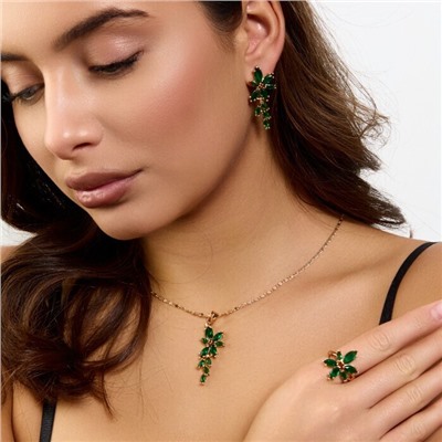 Комплект ювелирной бижутерии коллекция "Дубай" серьги, кулон и кольцо 20 р, покрытие позолота, вставка: фианиты, цвет: изумрудный, арт.414.358-20