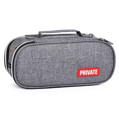 Пенал "Private" 22x9x8 см, овальный для 100 предметов, 3 отделения на молнии, 2 отделения с внутренним органайзером, текстильный, с ручкой, с каучуковой аппликацией, серый
