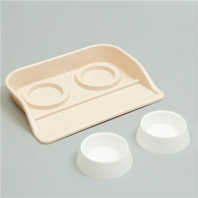 Миски с лотком «Феликс», 300 мл, 41×30×6 см, пластик, бежевый лоток, белые миски