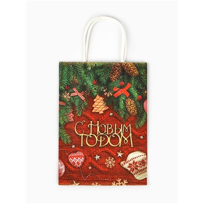 Пакет бумажный подарочный новогодний крафт «Новогодняя атмосфера» 18×8×25 см