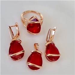 Комплект ювелирная бижутерия коллекция  "Дубай" серьги, кулон и кольцо 17 р, покрытие: позолота, вставка: фианит, цвет: красный, арт.313.060-17