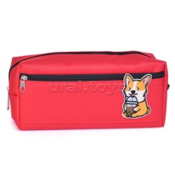 Пенал "Corgi" 20x8,5x4,5 см, прямоугольный для 50 предметов, плотный износостойкий полиэстер с водоотталкивающей пропиткой, на молнии, наружный объемный карман на молнии, вышивка, красный