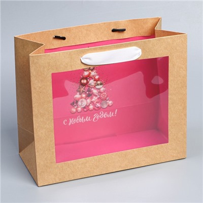 Пакет подарочный новогодний крафтовый с пластиковым окном «С Новым годом», 24×20×11 см