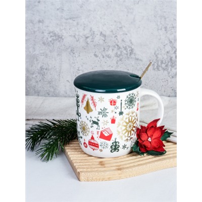Кружка новогодняя с крышкой, ложка /400 мл/ HB-258 /уп 60/