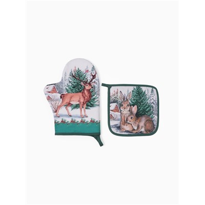 Набор кухонный «Этель. Новогодний лес», варежка-прихватка 20×28 см, прихватка 19×19 см