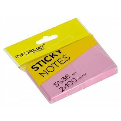 Бумага для заметок с клеевым краем 51х38 мм 100л 2 шт SN5138-Pi светло-розовый inФОРМАТ