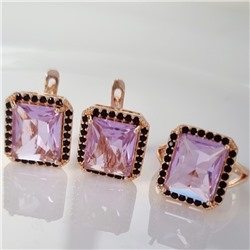 Комплект ювелирной бижутерии коллекция "Дубай" серьги и кольцо 17 р, покрытие позолота, вставка: фианиты, цвет: фиолетовый и черный, арт.215.366-17