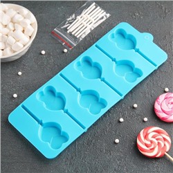 Форма для леденцов Доляна «Влюблённость», силикон, 9.5×24×1 см, 6 ячеек (4.2×3.3 см), с палочками, МИКС