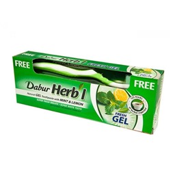 Dabur Herb'l Green Gel Toothpaste Mint & Lemon with Toothbrush / Дабур Зубной Гель-Паста Интенсивное Свежее Дыхание с Мятой и Лимоном + Зубная Щётка Ср. Жесткости 150 г