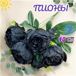 Пионы черные букет 7 бутонов 40см, темная зелень, бутон 7см