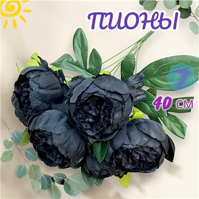 Пионы черные букет 7 бутонов 40см, темная зелень, бутон 7см