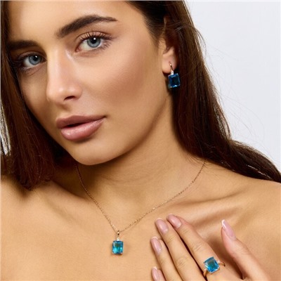 Комплект ювелирной бижутерии коллекция "Дубай" серьги, кулон и кольцо 18 р, покрытие позолота,  вставка: фианиты и цирконы, цвет: голубой и прозрачный, арт.217.365-18