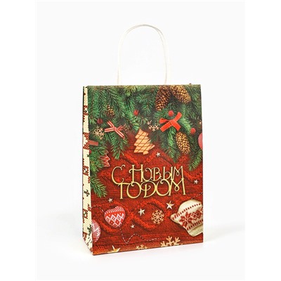 Пакет бумажный подарочный новогодний крафт «Новогодняя атмосфера» 18×8×25 см