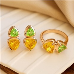 Комплект ювелирной бижутерии коллекция "Дубай" серьги и кольцо 19 р покрытие позолота, вставка: стекло, цвет: бледно-зеленый и желтый, арт.414.189-19