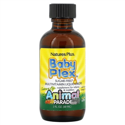 Nature's Plus, Source of Life, Animal Parade, Baby Plex, жидкие мультивитаминные капли без сахара, с натуральным вкусом апельсина, 2 жидкие унции (60 мл)