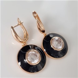 Серьги подвески ювелирная бижутерия коллекция "Дубай" покрытие позолота, вставка: цветная эмаль и крупный фианит, цвет: прозрачный и черный, арт.215.349