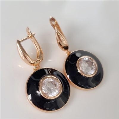 Серьги подвески ювелирная бижутерия коллекция "Дубай" покрытие позолота, вставка: цветная эмаль и крупный фианит, цвет: прозрачный и черный, арт.215.349