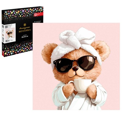 Алмазная мозаика по номерам 30х30 см (НА ПОДРАМНИКЕ) "МИШКА С КОФЕ" Частичная выкладка 71439 Феникс