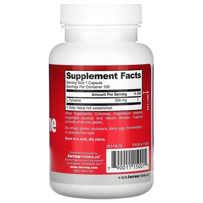 Jarrow Formulas, L-тирозин, 500 мг, 100 капсул