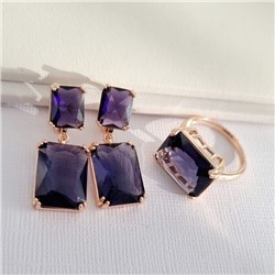 Комплект ювелирная бижутерия коллекция  "Дубай" серьги и кольцо 19 р, покрытие: позолота, вставка: фианиты, цвет: фиолетовый, арт.313.009-19