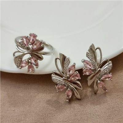 Комплект ювелирная бижутерия, серьги и кольцо посеребрение, камни цвет розовый, р-р 20, 76168, арт.414.403-20