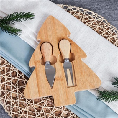 Поднос для нарезки и подачи сыра Новогодняя 20x25x1,5 см Ёлка / KF-S12 /уп 48/ нож и вилка