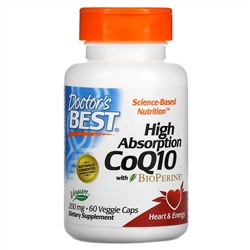 Doctor's Best, коэнзим Q10 с высокой степенью усвоения, с BioPerine, 200 мг, 60 вегетарианских капсул