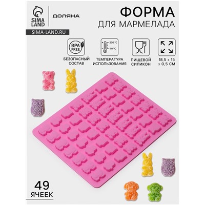 Форма для мармелада Доляна «Зоопарк», силикон, 18.5×15×0.5 см, 49 ячеек (2×1.5 см), розовая