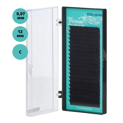 Vivienne Ресницы для наращивания / Elite, C, 12, 0.07 мм, 20 линий, синтетическое волокно, черный 10556