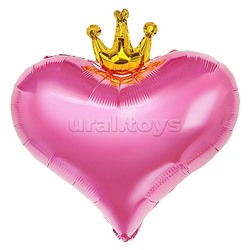 Шар (22''/56 см) Сердце, Золотая корона, Розовый, 1 шт. в уп.