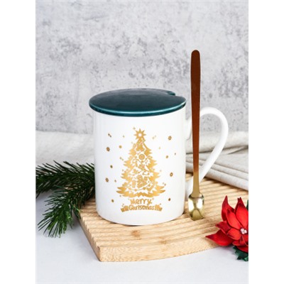 Кружка новогодняя с крышкой, ложка/300 мл/ HB-A2099 /уп 60/