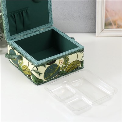 Шкатулка для рукоделия и шитья «Тропические листья на зелёном», хранение ниток, иголок, мелочи, 20×20×11 см