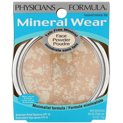 Physicians Formula, Mineral Wear, пудра для лица, SPF 16, полупрозрачная, 9 г (0,3 унции)